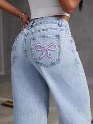 Y2k Bow Embroidery High-waisted Straight Leg Jeans