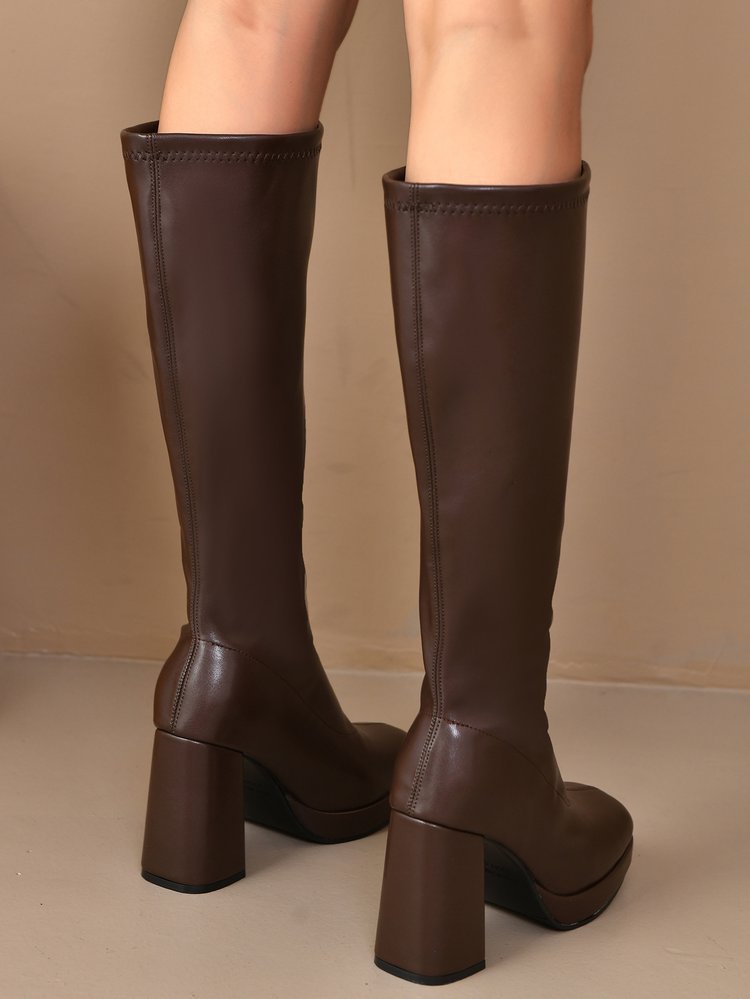 Solid Color Waterproof Platform Elastic Knee-high Women's Boots