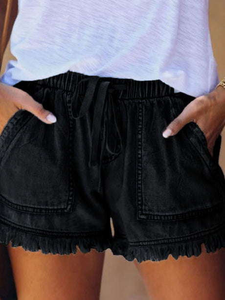 Elastic Waistband Tassel Pocket Straps Washed Jeans