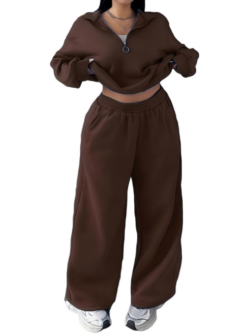 Half-open Pullover Sweatshirt And Trousers Two-piece Set