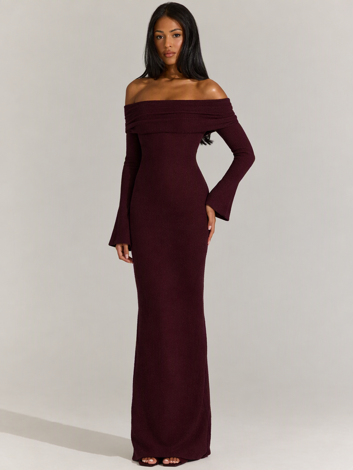 Long-sleeved Off-shoulder Pleated Knit Maxi Dress