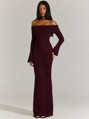 Long-sleeved Off-shoulder Pleated Knit Maxi Dress