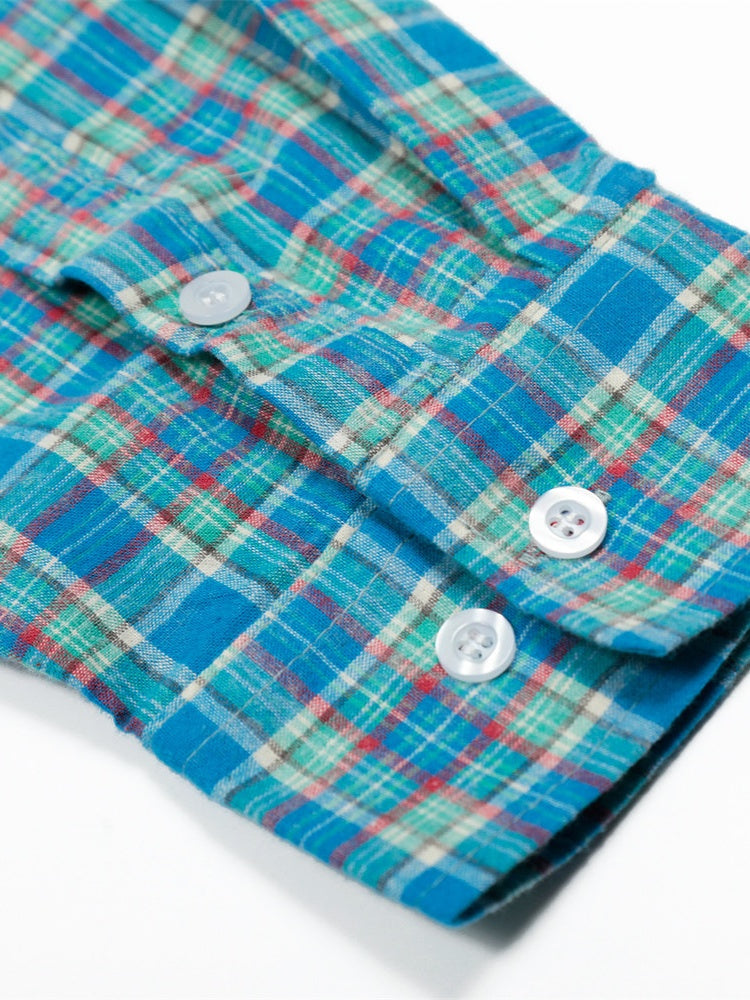 Small Grid Loose Splicing Raw Edges Plaid Long-sleeved Shirt