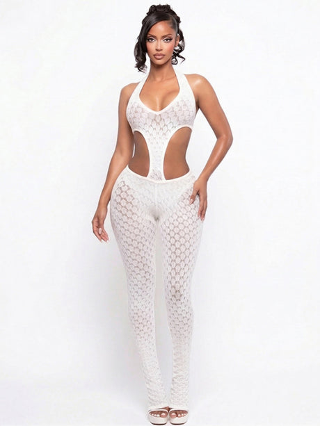 Hollowed-out Perspective Slimming Knitting Deep V Jumpsuits