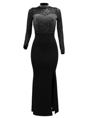 Robe maxi brillante de soirée à manches longues en résille ornée de strass thermocollants, fendue et cintrée à la taille