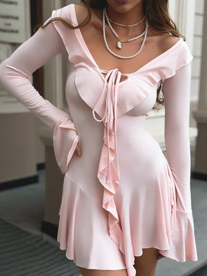 Ruffle V-neck Tie  Flare Sleeve Mini&Short Dresses