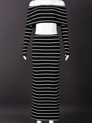 Striped Color Blocking Off-shoulder Long-sleeved T-shirt Long Bodycon Skirt 2-piece Sets