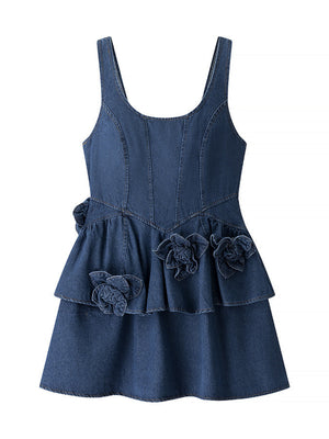 Denim 3D Flowers Tutu Spaghetti Strap Waist Mini&Short Dresses