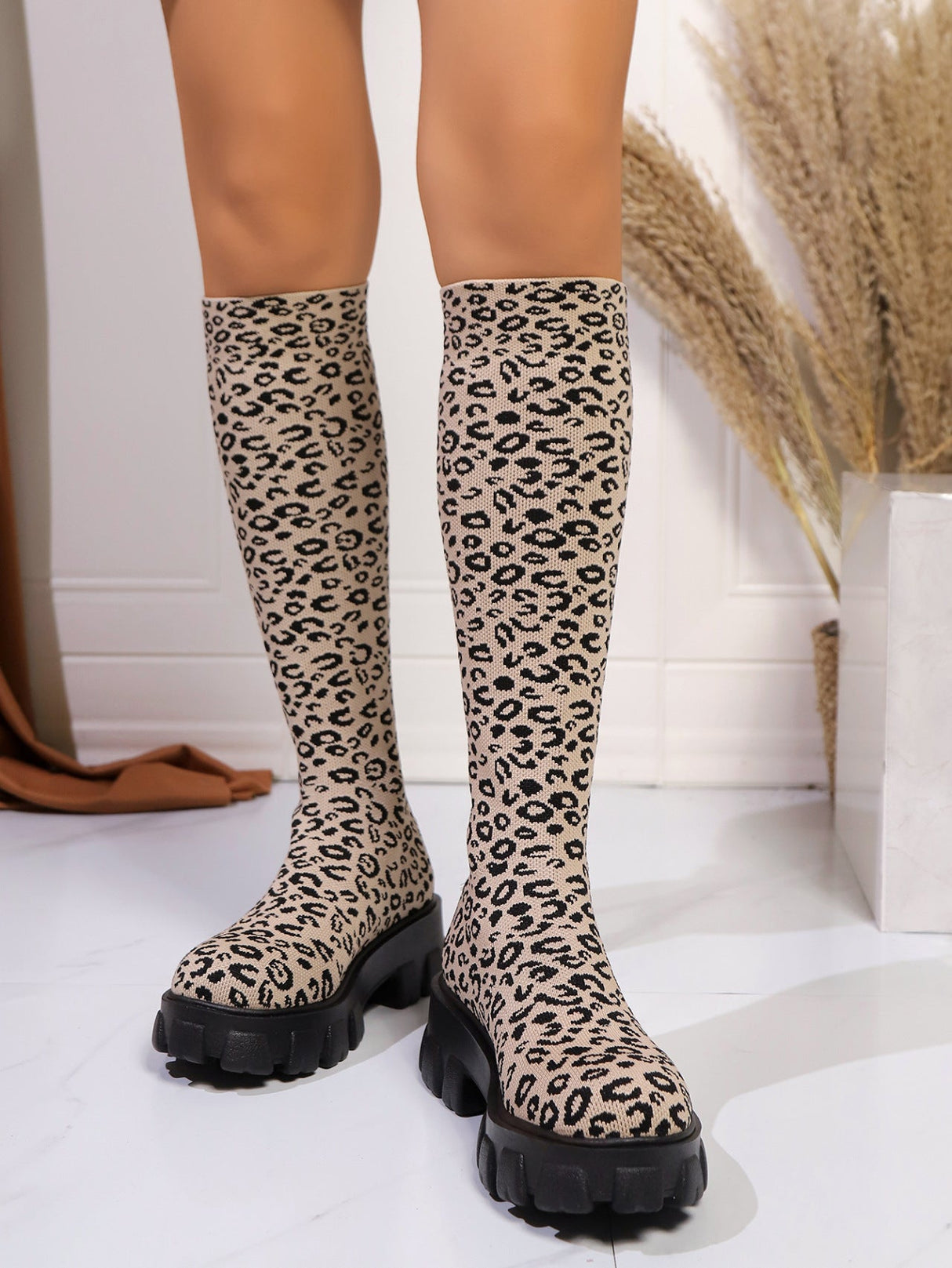 Leopard Print Knee-high Boots, Women's Sock Boots