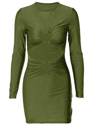 Hollow Out Metal Decoration Slim Fit Hip Body Long Sleeves Mini&Short Dresses