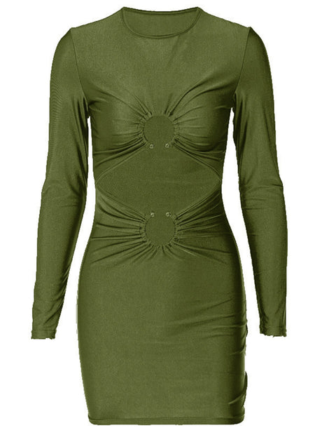 Hollow Out Metal Decoration Slim Fit Hip Body Long Sleeves Mini&Short Dresses
