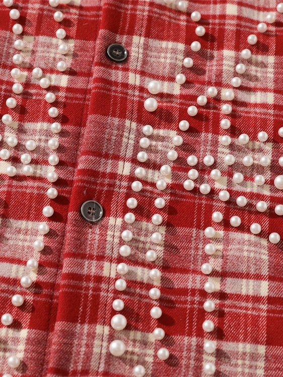 Loose Plaid Cross Beading Long-sleeved Shirt