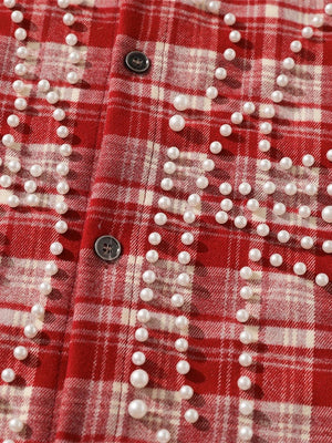Loose Plaid Cross Beading Long-sleeved Shirt