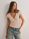 Deep V-neck Solid Color Slimming And Waist-cinching Short-sleeved T-shirt