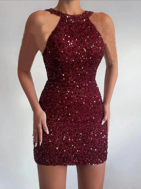 Sexy Halter Neck Crystal Tassel Bodycon Sequined Short Dress