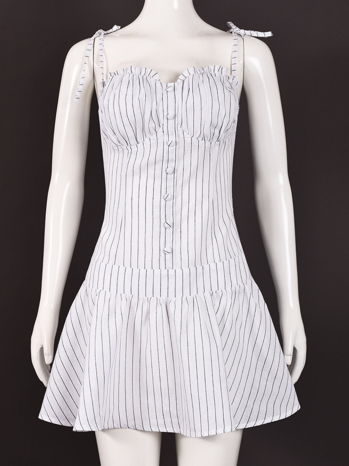 Stripes Pleated Straps Mini&Short Dresses