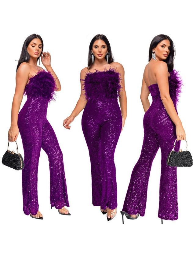 Sleeveless Backless Sequined Feather Flared Leg Jumpsuit