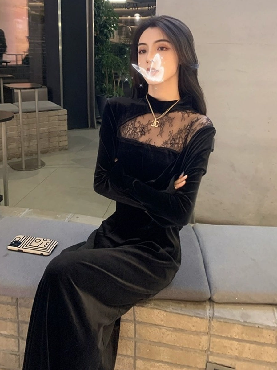 Velvet Dress, Women's Style, Rich Heiress Look, Lace Long-sleeved Black Dress