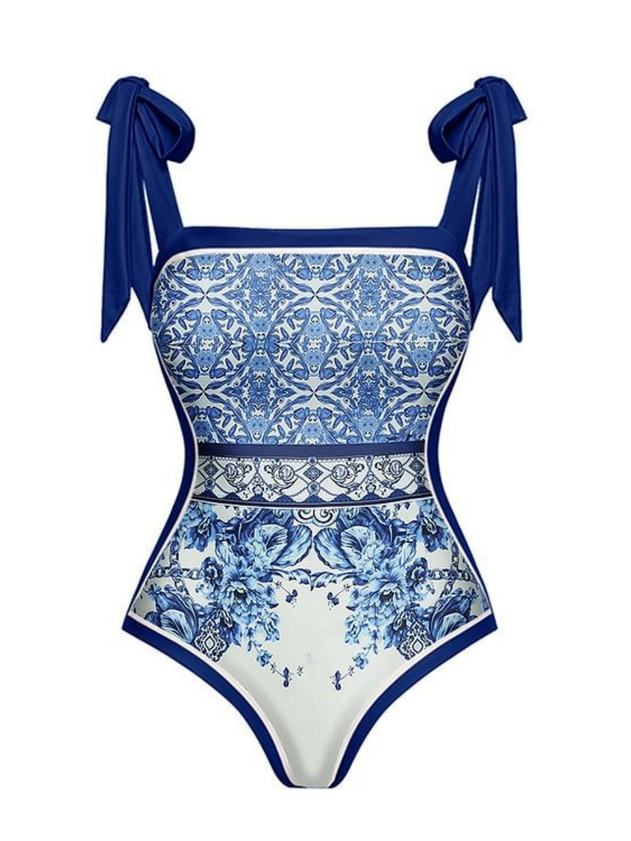 Blue And White Porcelain Print Bow Tie One-piece Swimsuit Sun Protection Long Dress Two-piece Set