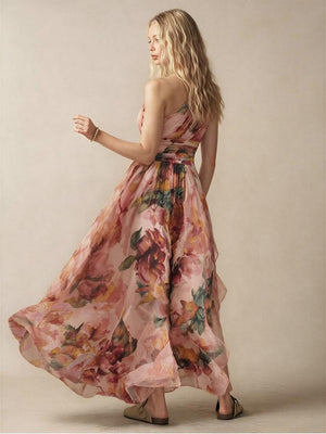 Off-shoulder Sleeveless Floral Print Maxi Dresses