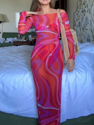 Gauze Printed Perspective Long Sleeve Maxi Dresses