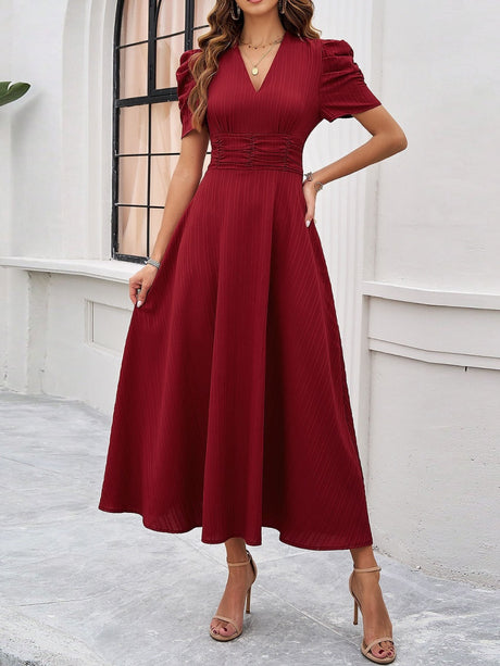 Pleated Waist Short Sleeve Maxi Dresses