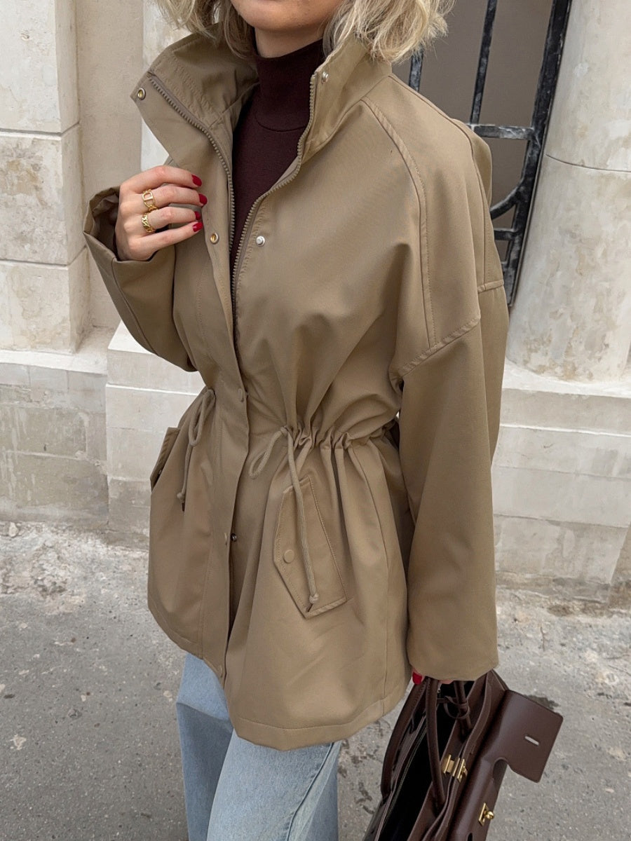 Stand-up Collar Mid-length Drawstring Waist Pure Cotton Trench Coat