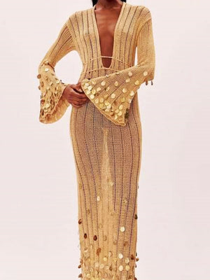 V-neck Waist-cinching Belt Sequins Knitting Maxi Dresses