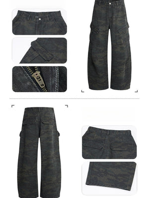 Retro Worn Out Machete Camouflage Multiple Pockets Pleated Cargo Trousers