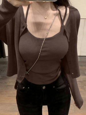 Button-down Cardigan Jacket And Camisole Two-piece Set