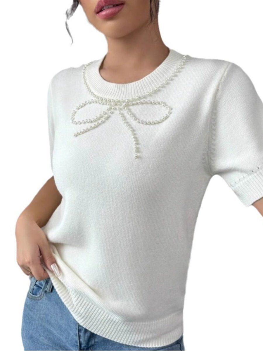 Liber Summer Women's Solid Color Pearl Bow pattern Sweaters