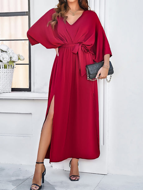 V-neck Tie High-waisted Slit Grace Maxi Dresses