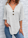 Casual V-neck Short-sleeved Pullover With Multi-colored Buttons T-shirts