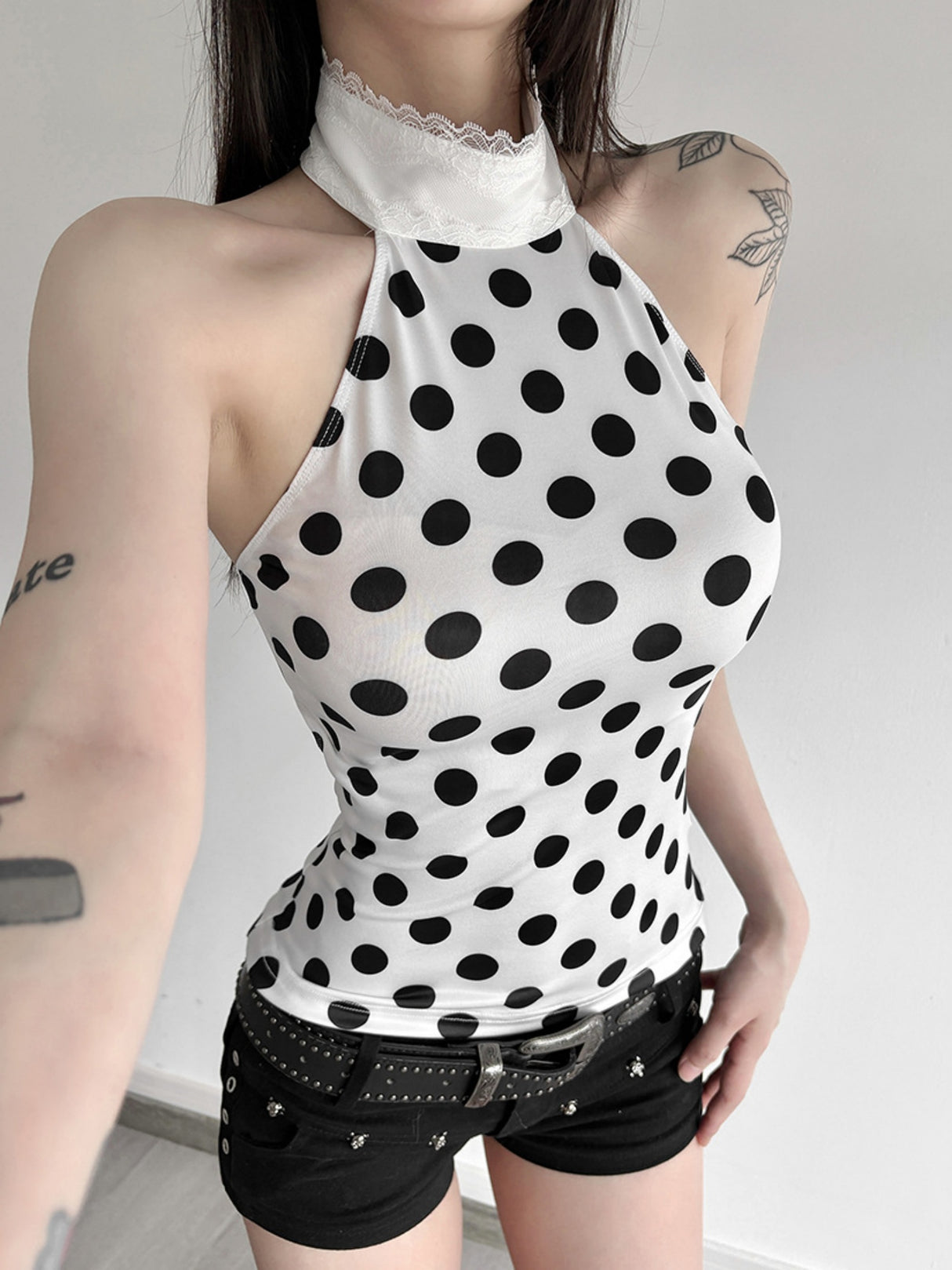 Polka Dots Halter Neck Waist Shaping Lace Patchwork Trim Tank Tops&Camis