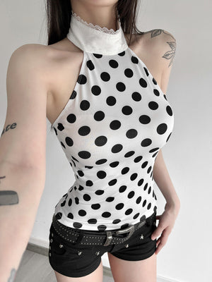 Polka Dots Halter Neck Waist Shaping Lace Patchwork Trim Tank Tops&Camis