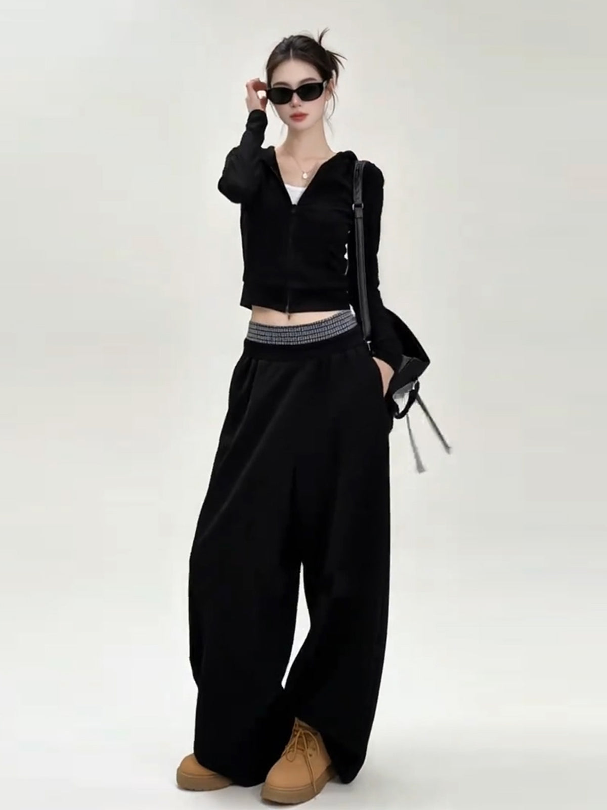 Korean Style Black Hooded Sweatshirt Wide-leg Tracksuit