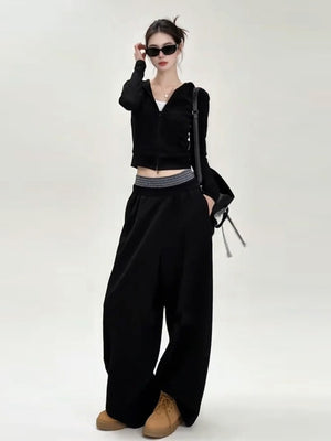 Korean Style Black Hooded Sweatshirt Wide-leg Tracksuit