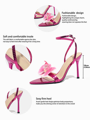 Three-dimensional Floral Rose Red Crisscross Strap Stiletto Sandals