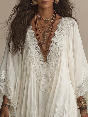 Batwing Sleeves V-neck Lace Stitching Beach Dress Seaside Smock Maxi Dresses