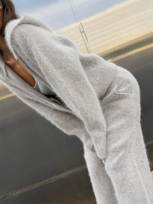 Faux Mink Fur Hooded Zip-up Cardigan Sweater With Double Pockets And Knitted Trousers Two-piece Set