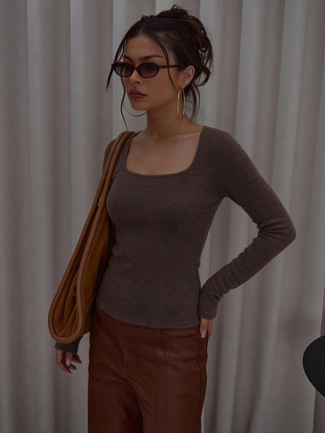 Wool Square Neck Plain Knit Long-sleeved Pullover Sweater