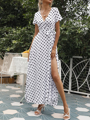 Polka Dots Slit V-neck Short Sleeve Maxi Dresses
