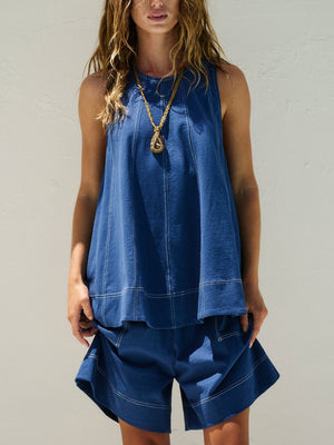 Pocket Sleeveless Tank Tops Shorts Denim Set 2-piece Sets