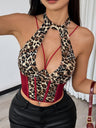 Leopard Print Color Blocking Halter Neck With Bust Line Steel Ring Fishbone Tank Tops&Camis