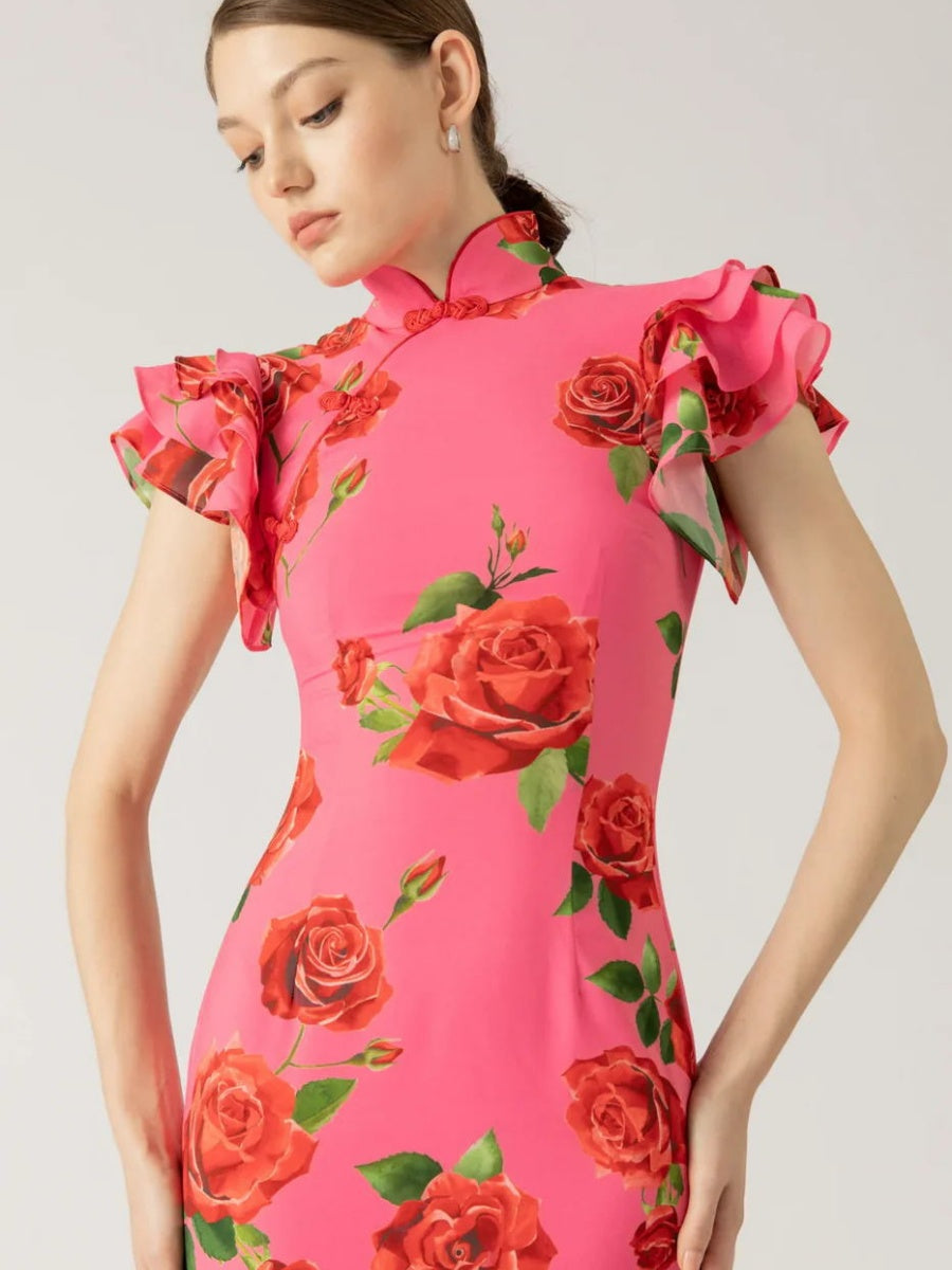 Improved Cheongsam Buttons Printed Formal Dress Maxi Dresses