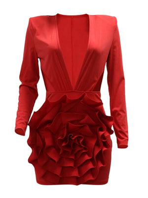 3D-Blumen-Kleider zum Valentinstag: Tiefer V-Ausschnitt, lange Ärmel, plissiert, Mini &amp; Kurz.