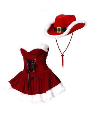 Christmas Red Plush Dress And Denim Hat 2-piece Sets