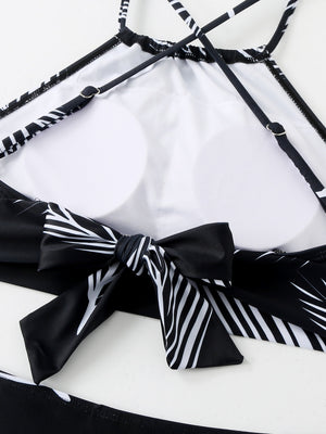 Feather Print Two-Piece Swimsuit With Sun Protection And Skirt (Three-Piece Set)