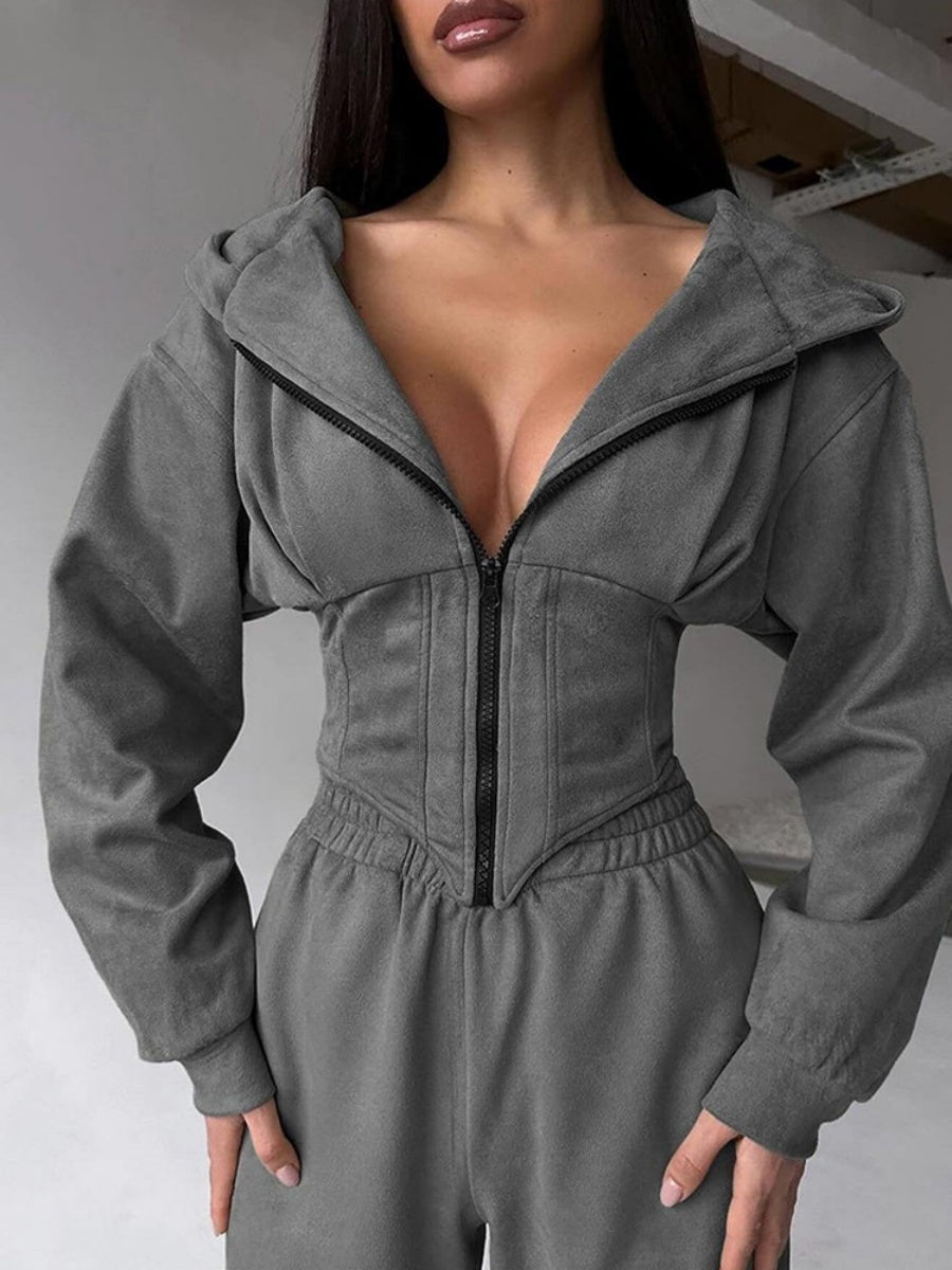Liber Autumn women's clothing waist design Hooded Zippered solid color long-sleeved cardigan two-piece set