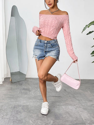 Liber Women's tops sweater round neck navel-baring one-shoulder short cable knit spring pullover